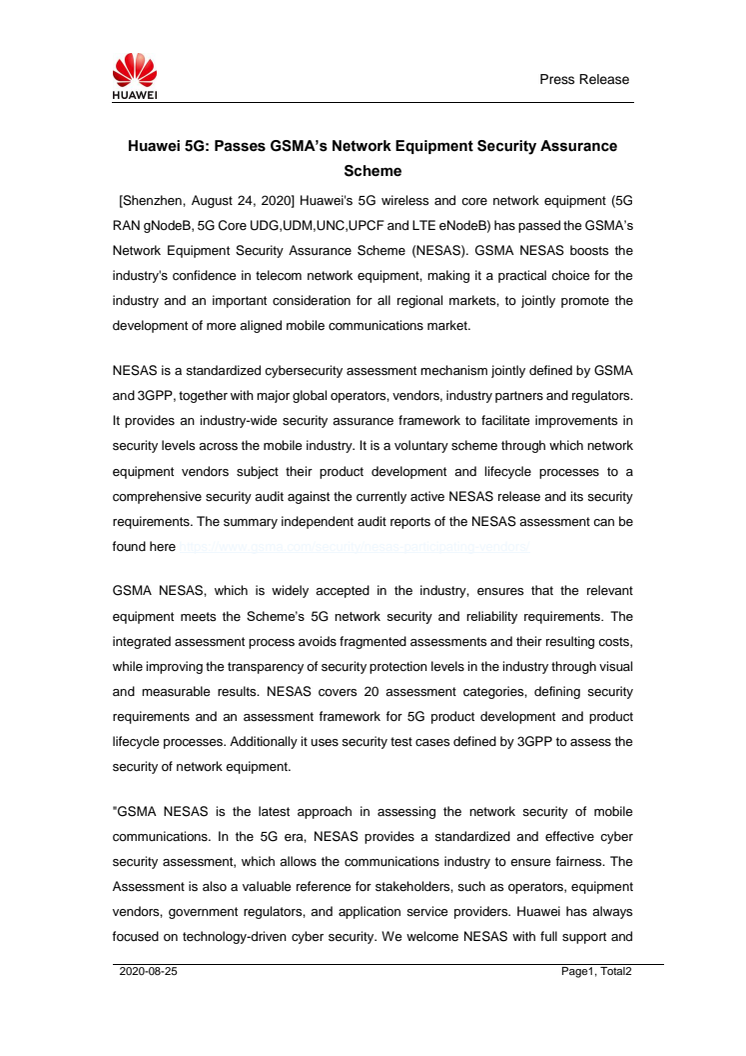 Huawei 5G passes GSMA’s Network Equipment Security Assurance Scheme.pdf