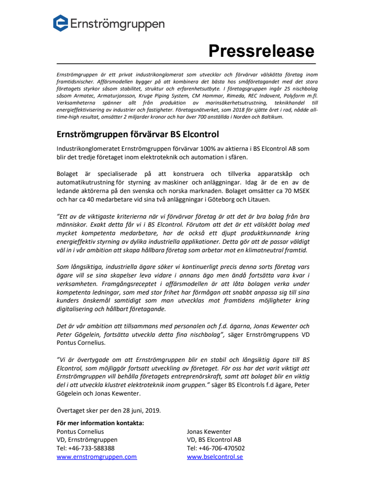 Ernströmgruppen förvärvar BS Elcontrol