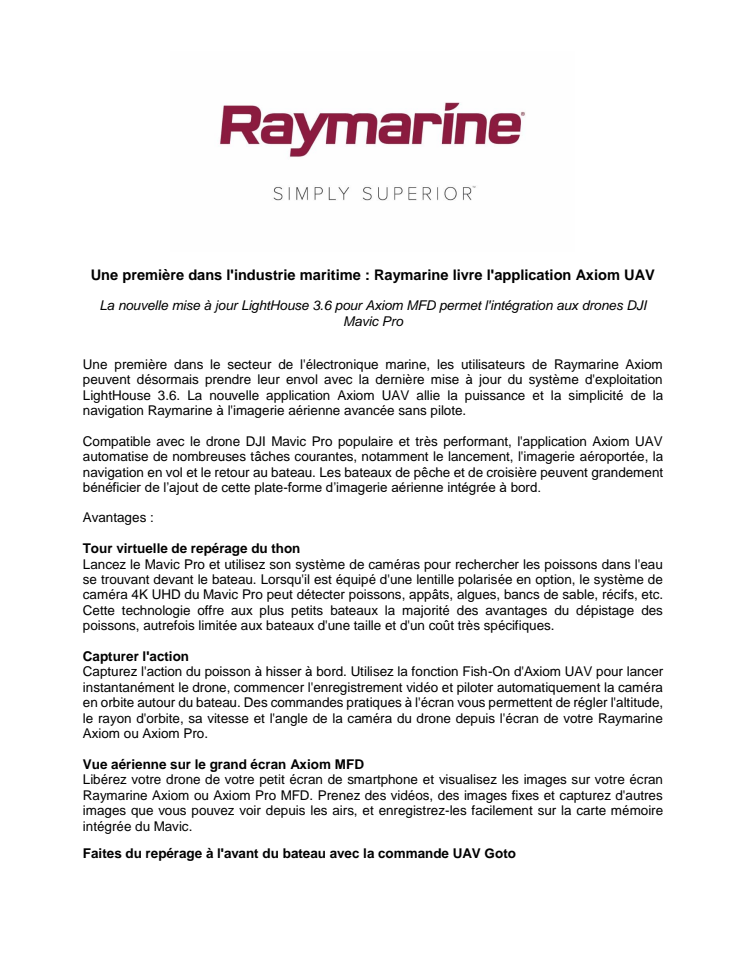 Raymarine: Une première dans l'industrie maritime : Raymarine livre l'application Axiom UAV