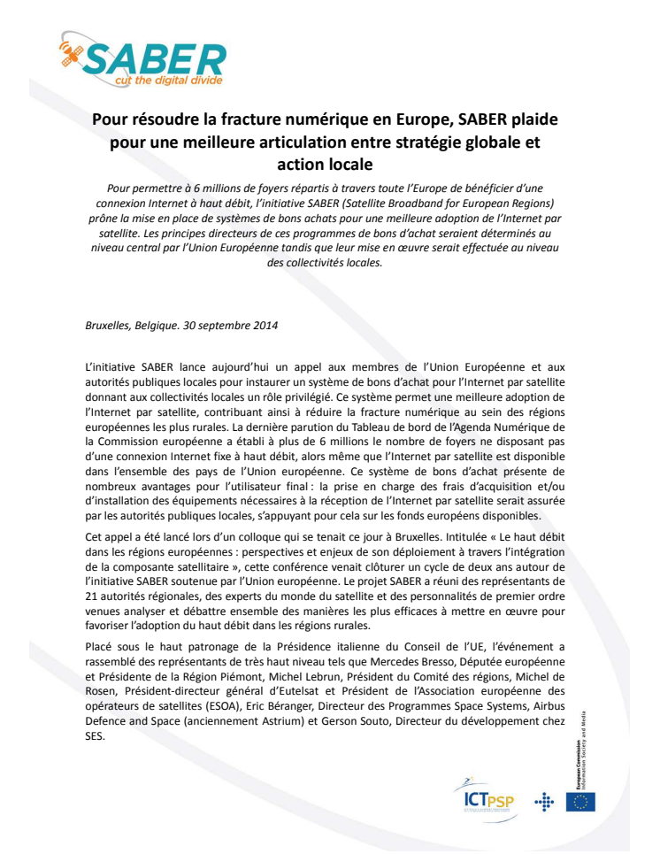 Pour résoudre la fracture numérique en Europe, SABER plaide pour une meilleure articulation entre stratégie globale et action locale