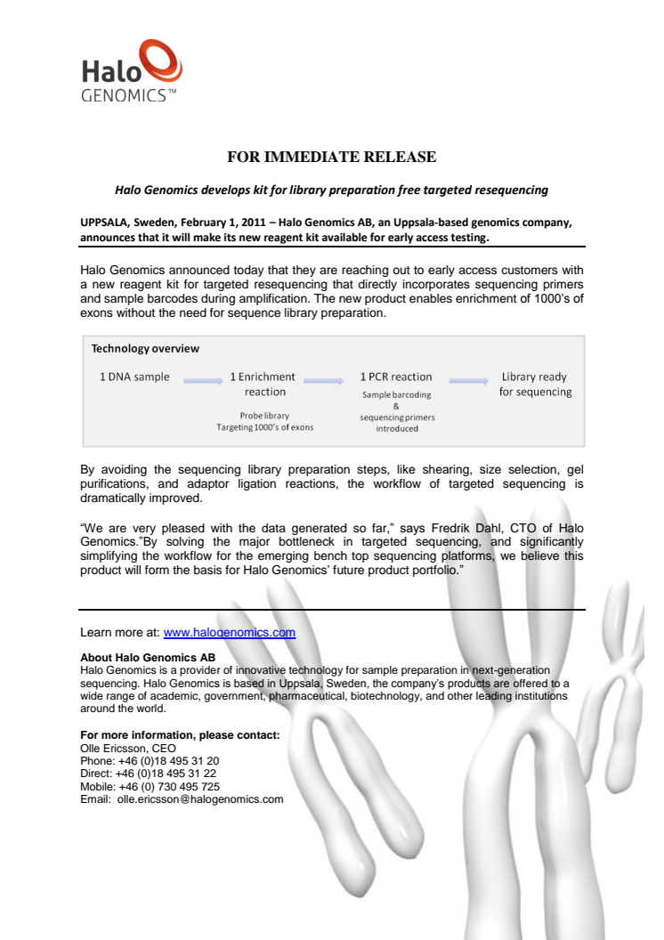 Halo Genomics develops kit for library preparation free targeted resequencing