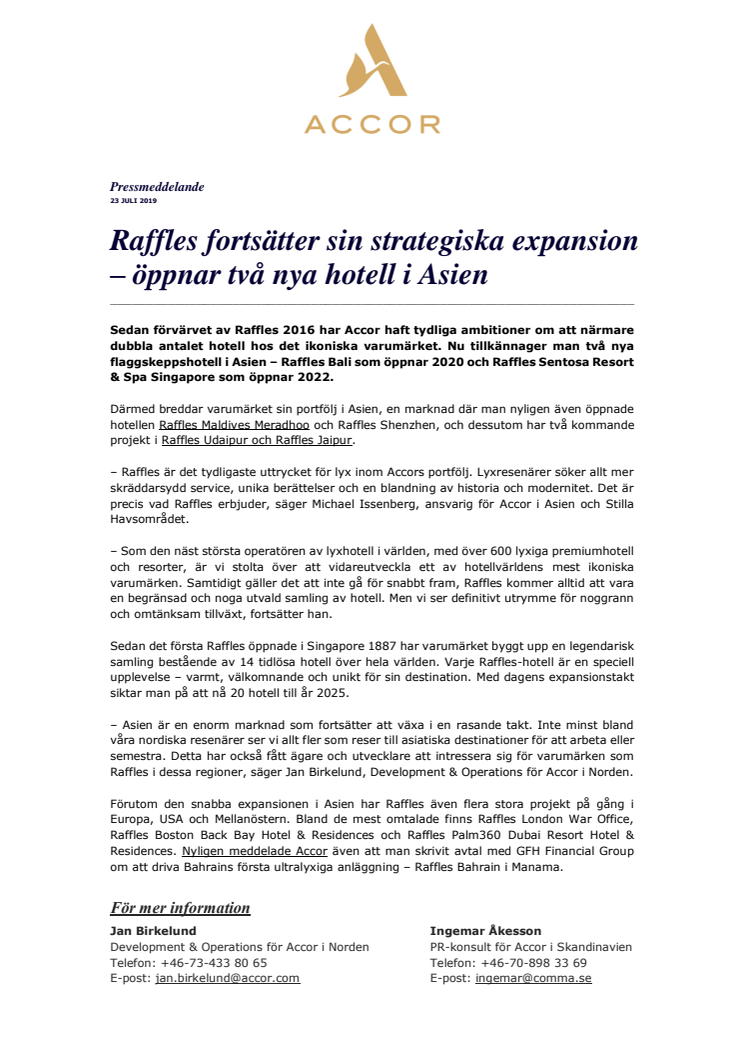 Raffles fortsätter sin strategiska expansion – öppnar två nya hotell i Asien