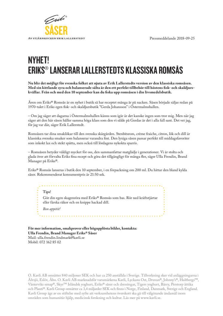 Nyhet!  Eriks® lanserar Lallerstedts klassiska romsås