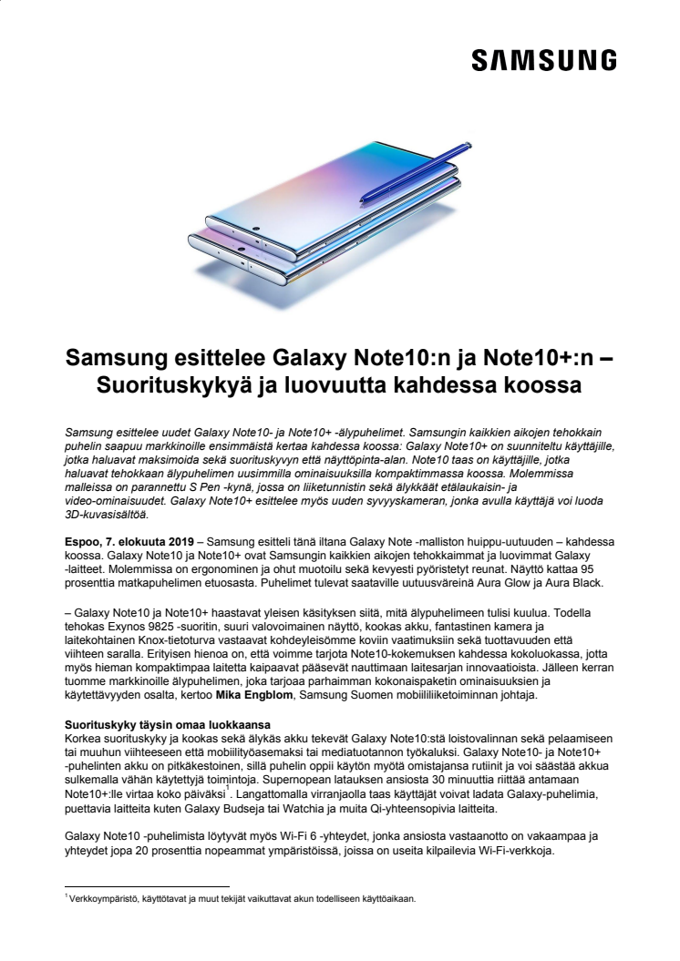 Samsung esittelee Galaxy Note10:n ja Note10+:n – Suorituskykyä ja luovuutta kahdessa koossa