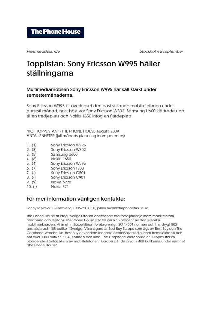 Topplistan: Sony Ericsson W995 håller ställningarna 