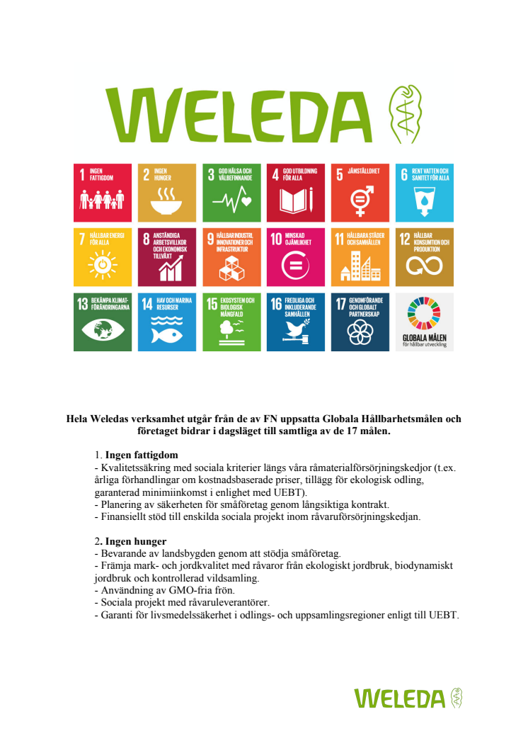 Weleda bidrar till FN:s samtliga 17 Globala mål för hållbar utveckling