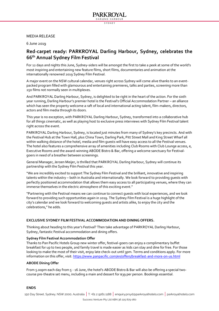 Red-carpet ready: PARKROYAL Darling Harbour, Sydney, celebrates the 66th Annual Sydney Film Festival