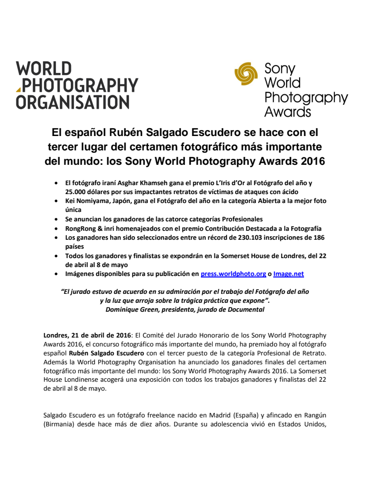 El español Rubén Salgado Escudero se hace con el tercer lugar del certamen fotográfico más importante del mundo: los Sony World Photography Awards 2016