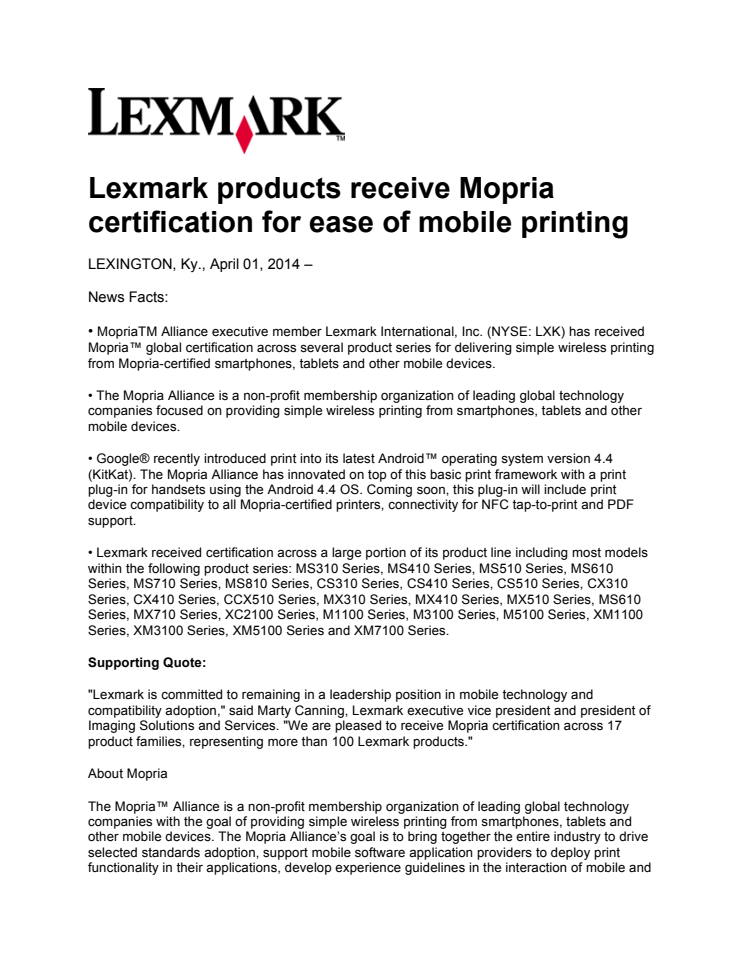 Lexmarks produkter tilldelas Mopria certifiering