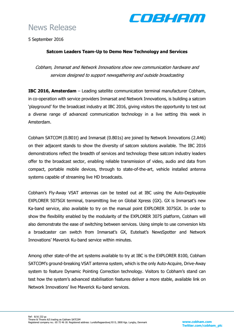 Cobham SATCOM: Satcom Leaders Team-Up to Demo New Technology and Services