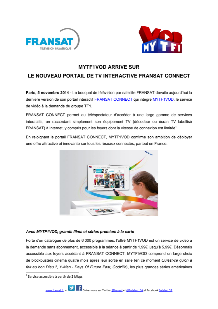 MYTF1VOD arrive sur le nouveau portail de TV interactive FRANSAT CONNECT