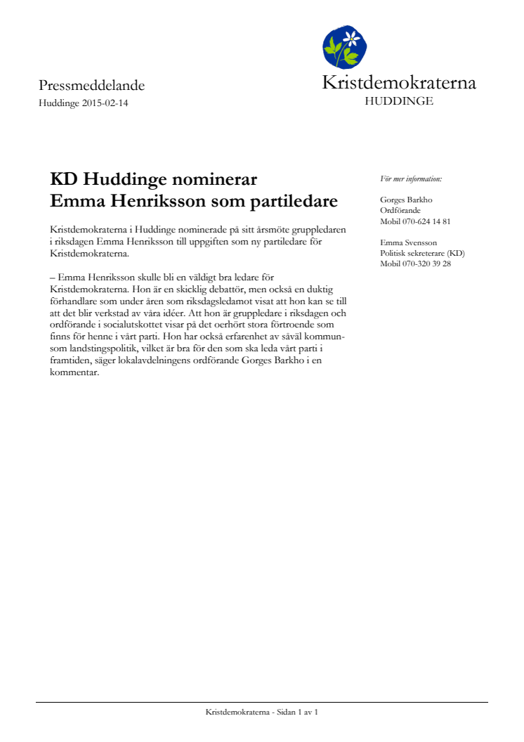 KD Huddinge nominerar Emma Henriksson som partiledare