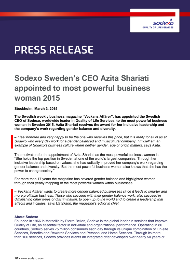 Sodexo Sweden’s CEO Azita Shariati appointed to most powerful business woman 2015