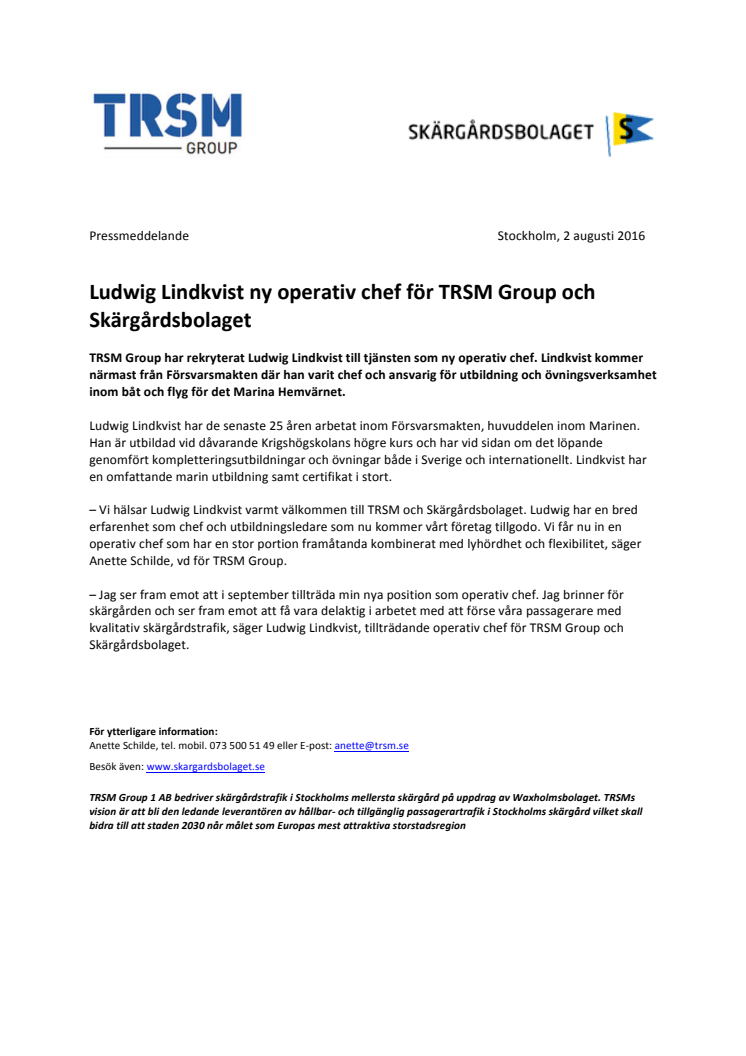 Ludwig Lindkvist ny operativ chef för TRSM Group och Skärgårdsbolaget
