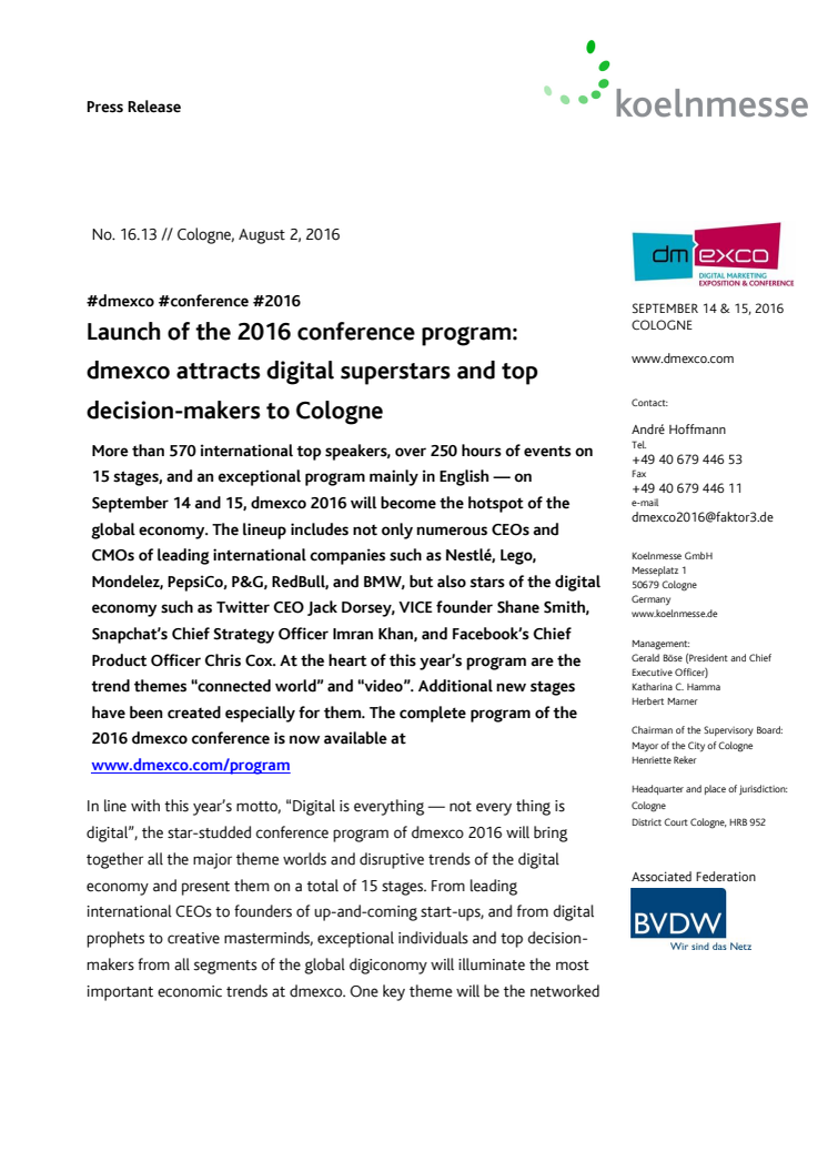 Launch of the 2016 conference program: dmexco attracts digital superstars and top decision-makers to Cologne