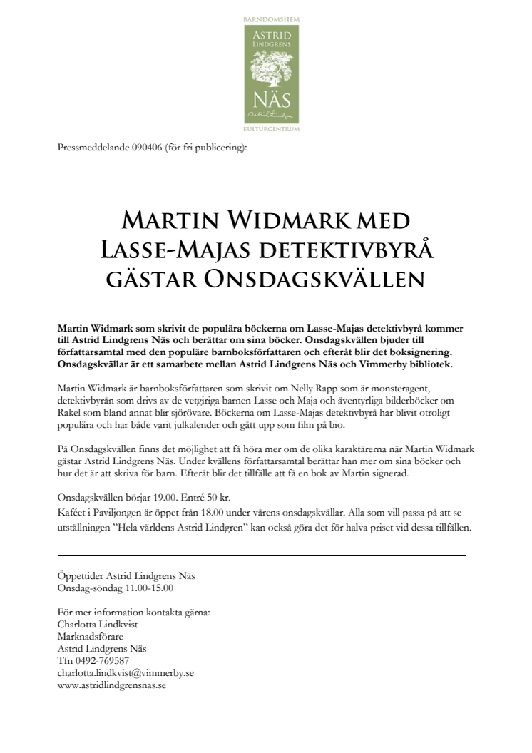 Martin Widmark med Lasse-Majas detektivbyrå gästar Onsdagskvällen