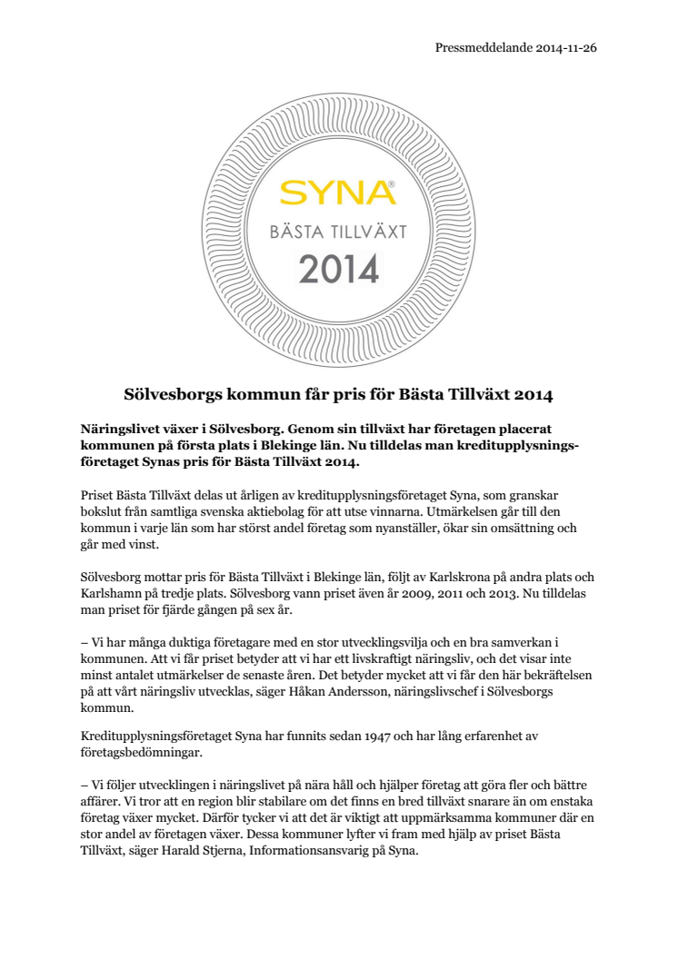 Sölvesborgs kommun får pris för Bästa Tillväxt 2014