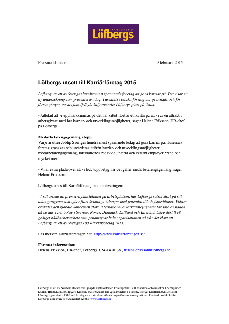 Löfbergs utsett till Karriärföretag 2015
