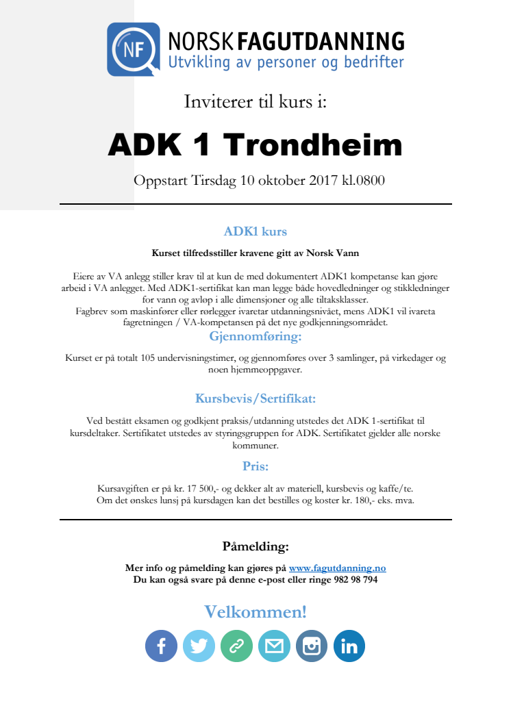 Invitasjon til ADK 1 kurs i Trondheim med oppstart 10 oktober 2017