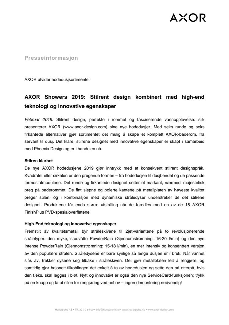 AXOR Showers 2019: Stilrent design kombinert med high-end teknologi og innovative egenskaper