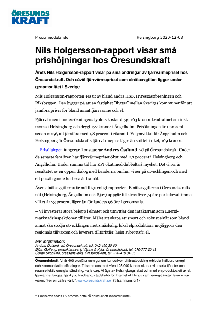 Nils Holgersson-rapport visar små prishöjningar hos Öresundskraft