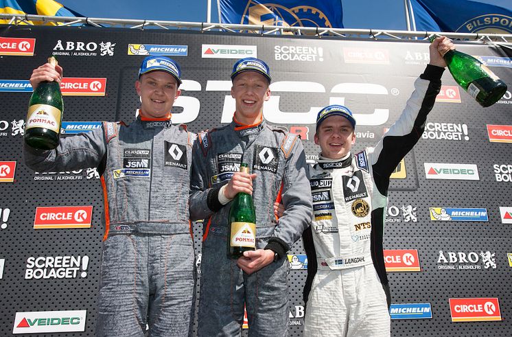 Prispallen. fr.v: Anthon Caldana, Joel Jern, Julle Ljungdahl. Foto: Micke Fransson/STCC