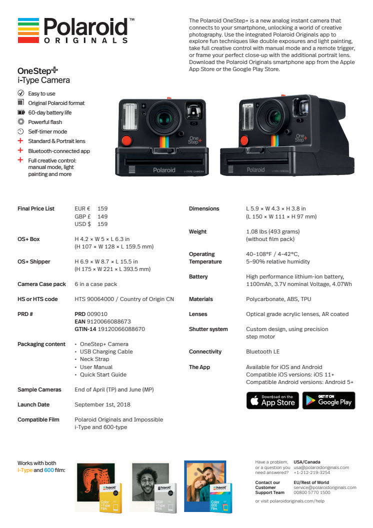 Polaroid Originals OneStep+, data sheet