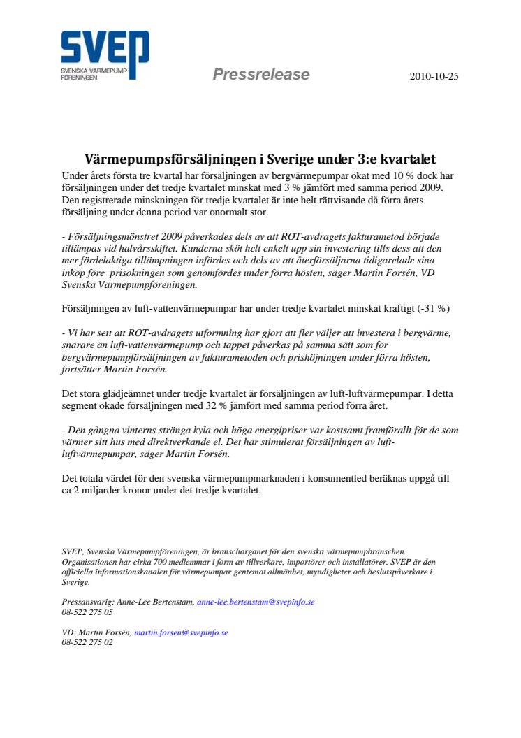 Värmepumpsförsäljningen i Sverige under 3:e kvartalet