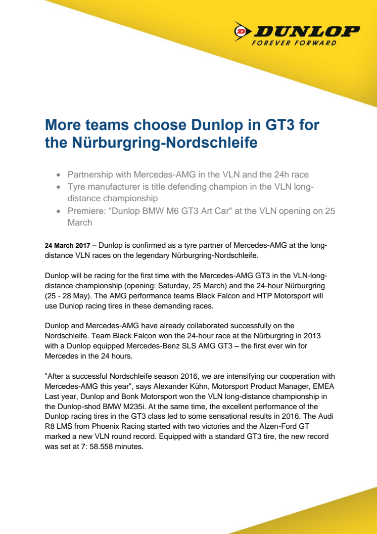 More teams choose Dunlop in GT3 for the Nürburgring-Nordschleife