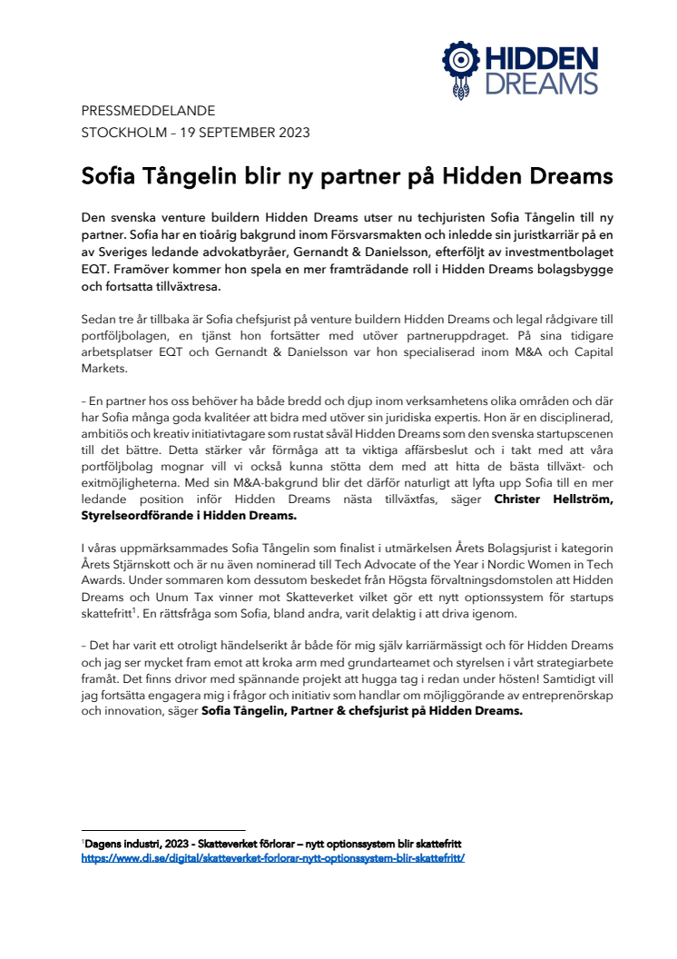 PM_Hidden Dreams_Sofia Tångelin blir partner på Hidden Dreams_230919.pdf