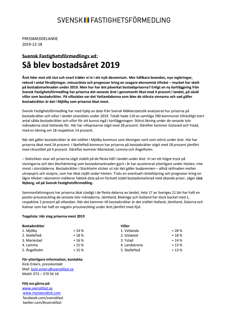 Svensk Fastighetsförmedlings vd: Så blev bostadsåret 2019 