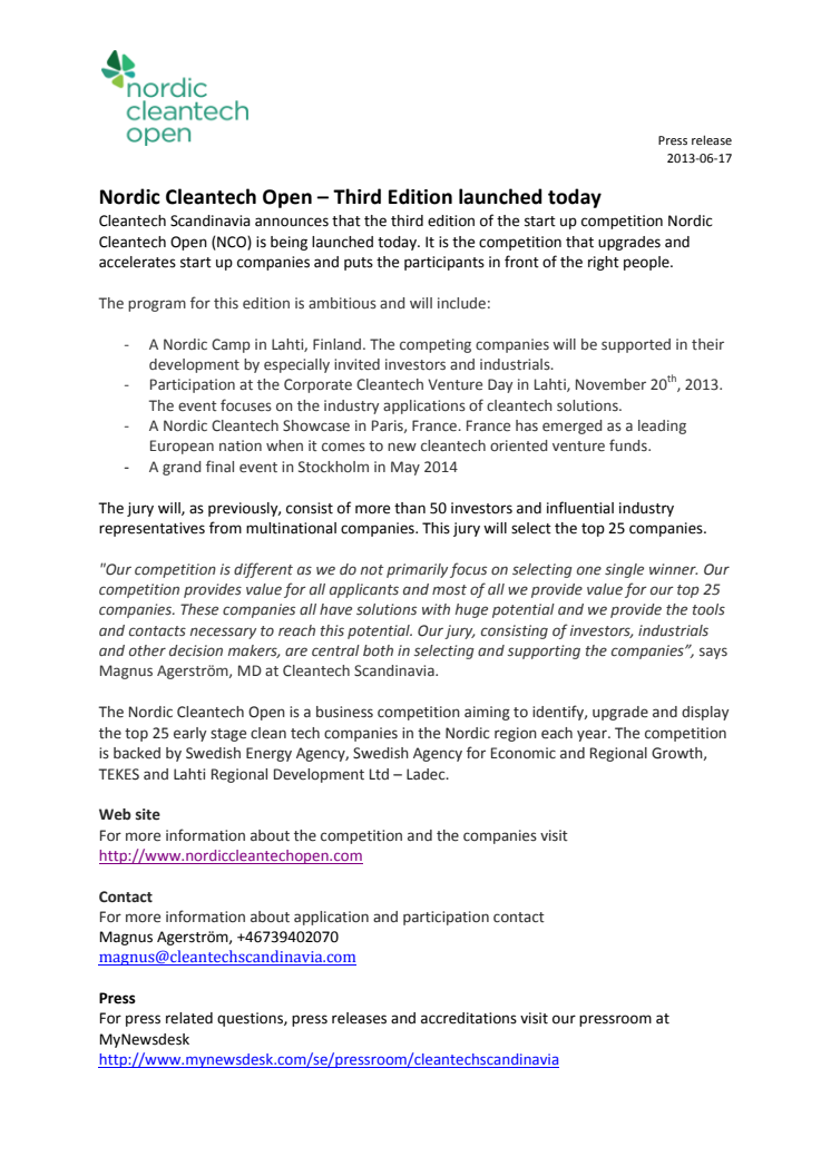 Nordic Cleantech Open – Third Edition launched today