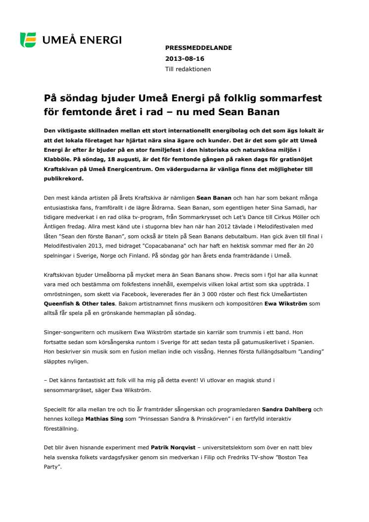 På söndag bjuder Umeå Energi på folklig sommarfest för femtonde året i rad – nu med Sean Banan  
