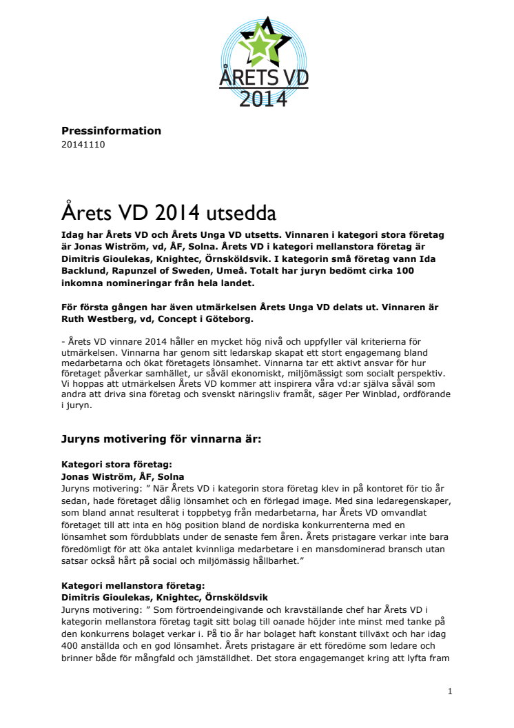 Årets VD 2014 utsedda 