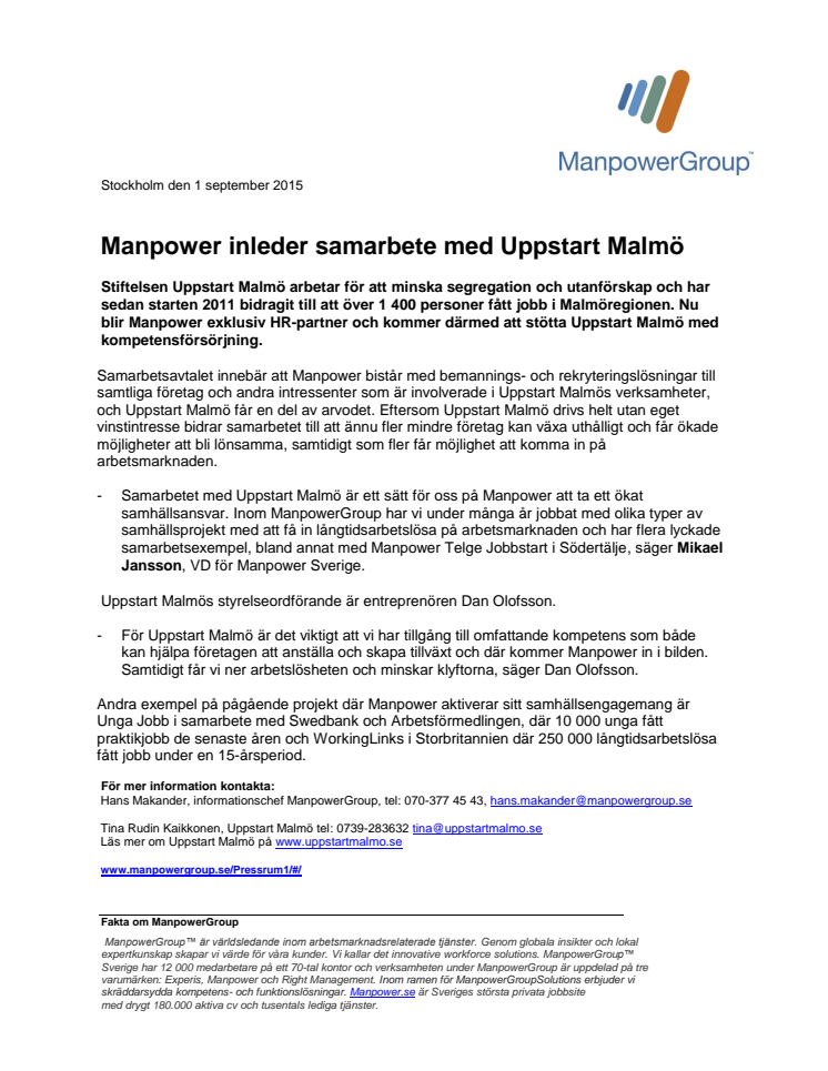 ​Manpower inleder samarbete med Uppstart Malmö