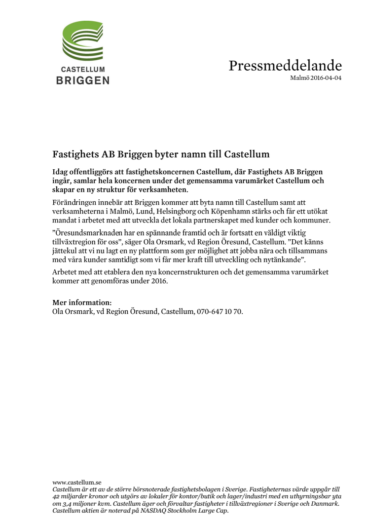 Fastighets AB Briggen byter namn till Castellum