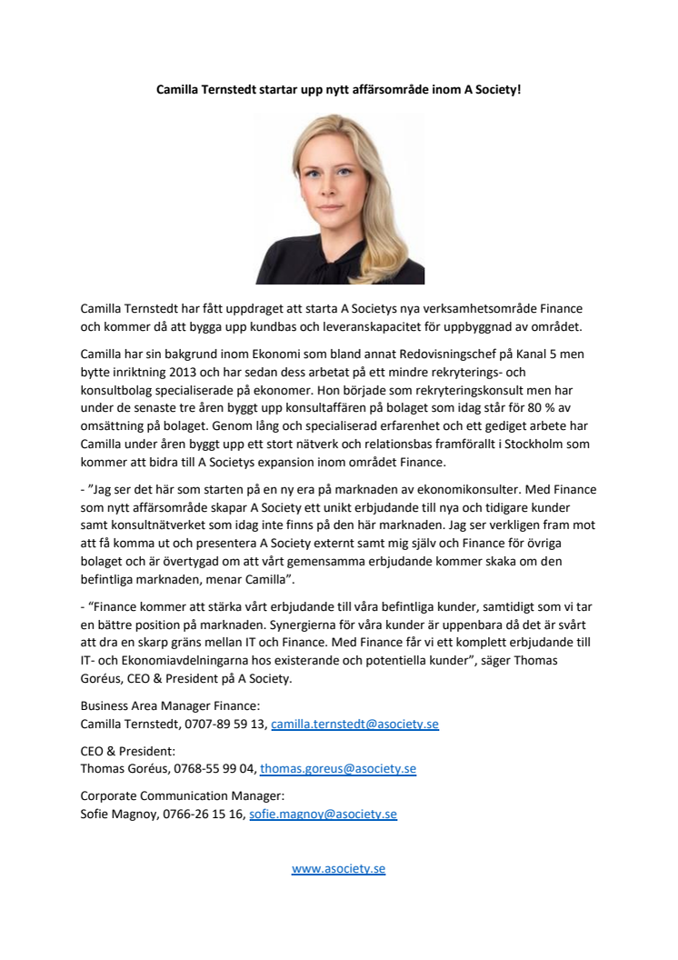 Camilla Ternstedt startar upp nytt affärsområde inom A Society!