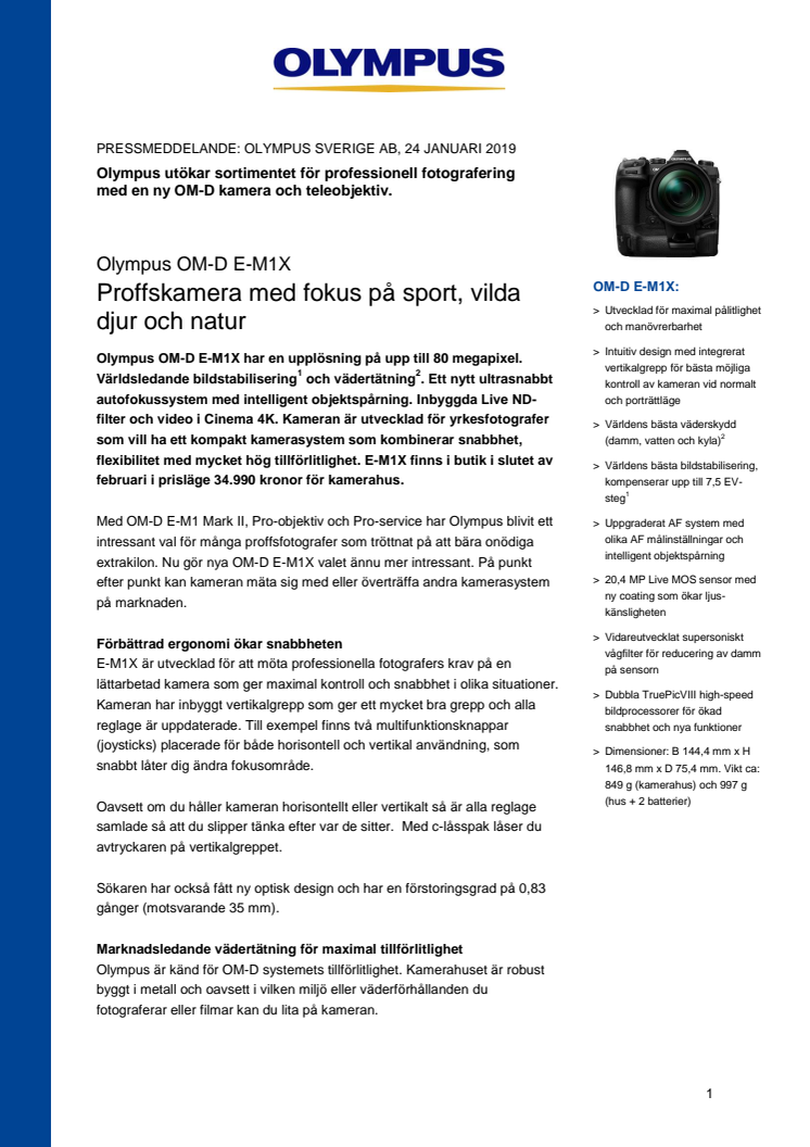 Olympus utökar sortimentet för professionell fotografering E-M1X med på fokus på sport, vilda djur och natur