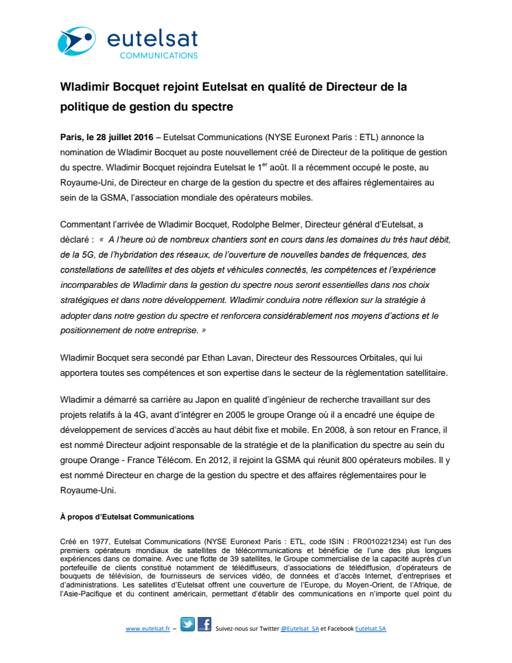 Wladimir Bocquet rejoint Eutelsat en qualité de Directeur de la politique de gestion du spectre