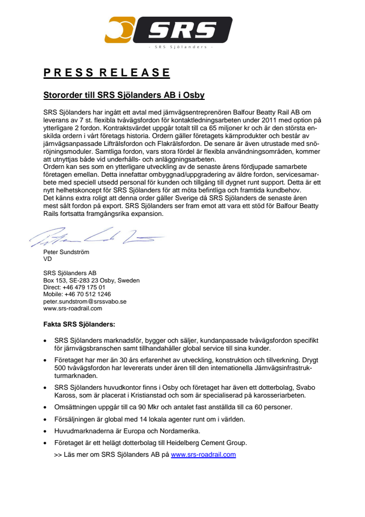 Stororder till SRS Sjölanders AB i Osby