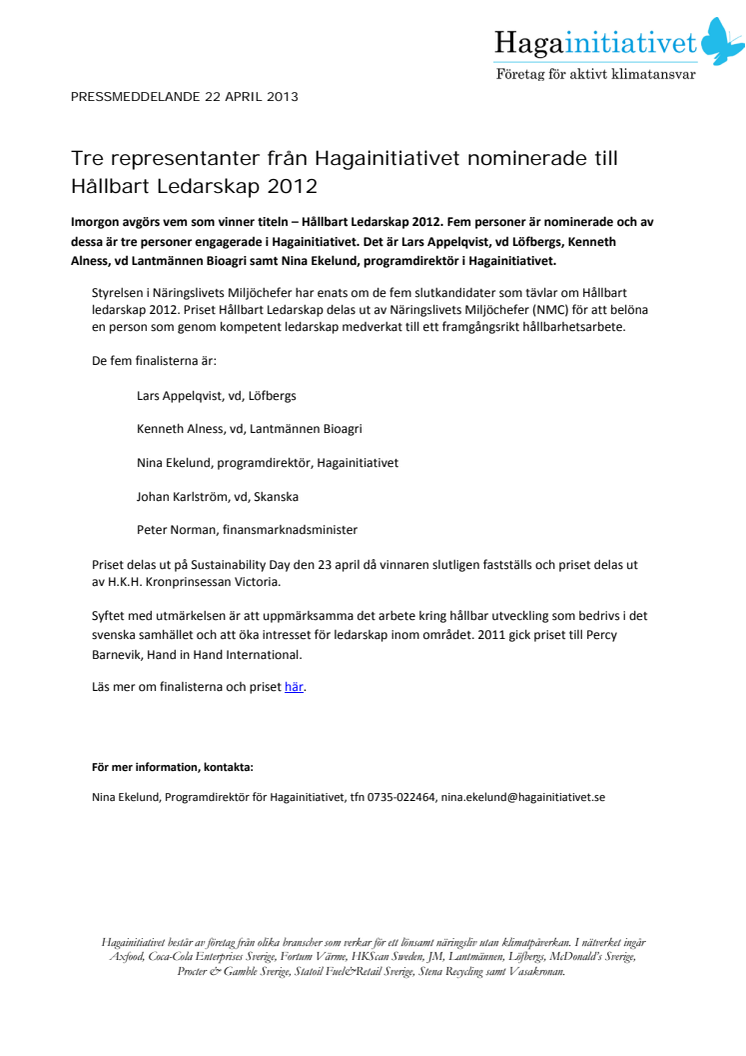 Tre representanter från Hagainitiativet nominerade till Hållbart Ledarskap 2012