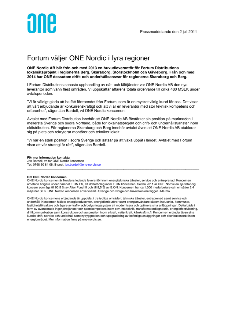 Fortum väljer ONE Nordic AB i fyra regioner