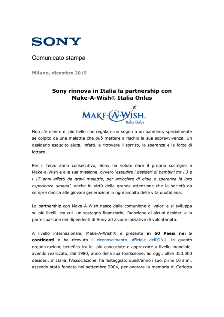 Sony rinnova in Italia la partnership con Make-A-Wish® Italia Onlus