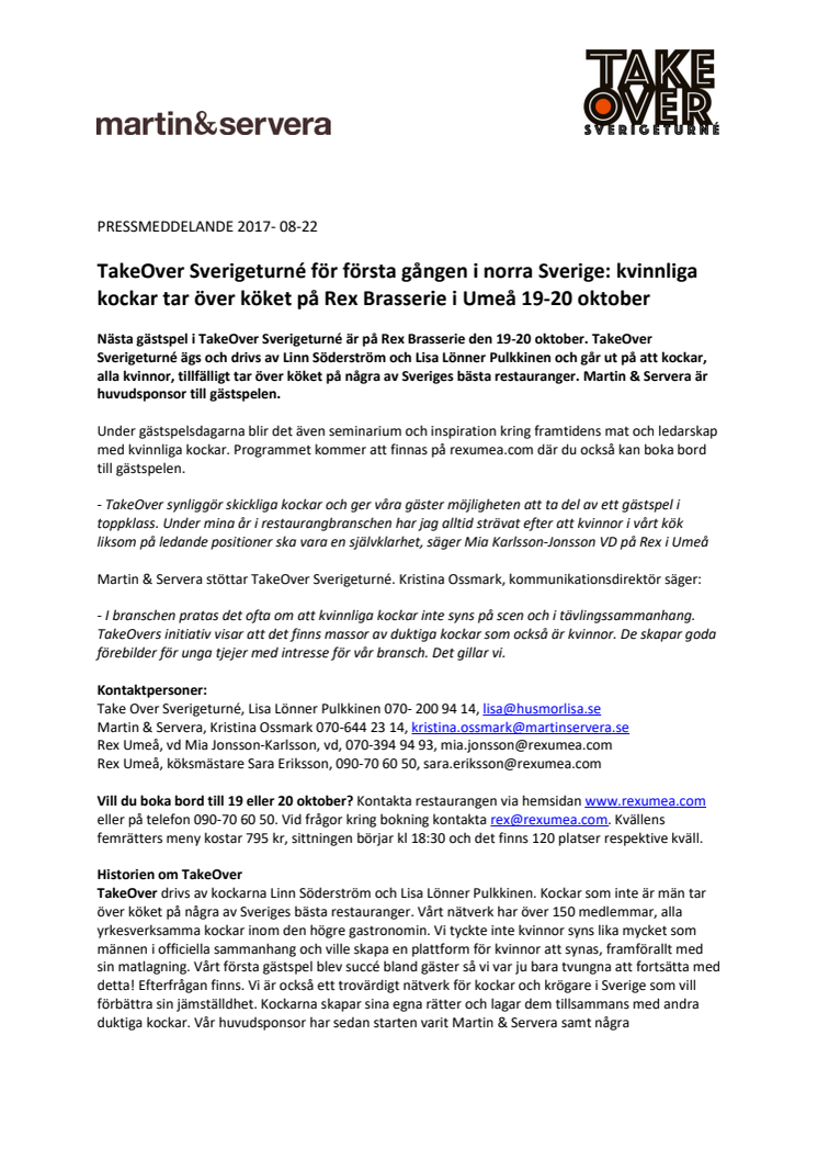 TakeOver Sverigeturné för första gången i norra Sverige: kvinnliga kockar tar över köket på Rex Brasserie i Umeå 19-20 oktober