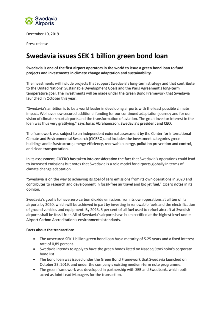 Swedavia issues SEK 1 billion green bond loan