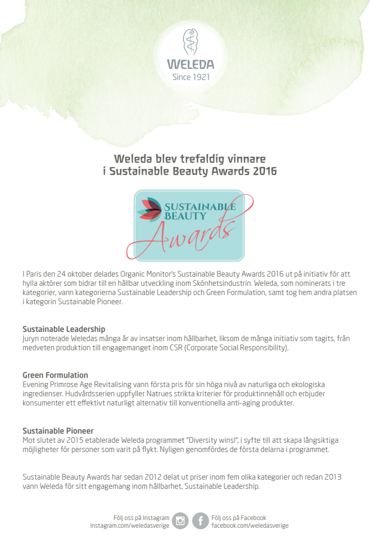 Weleda trefaldig vinnare i Sustainable Beauty Awards 2016