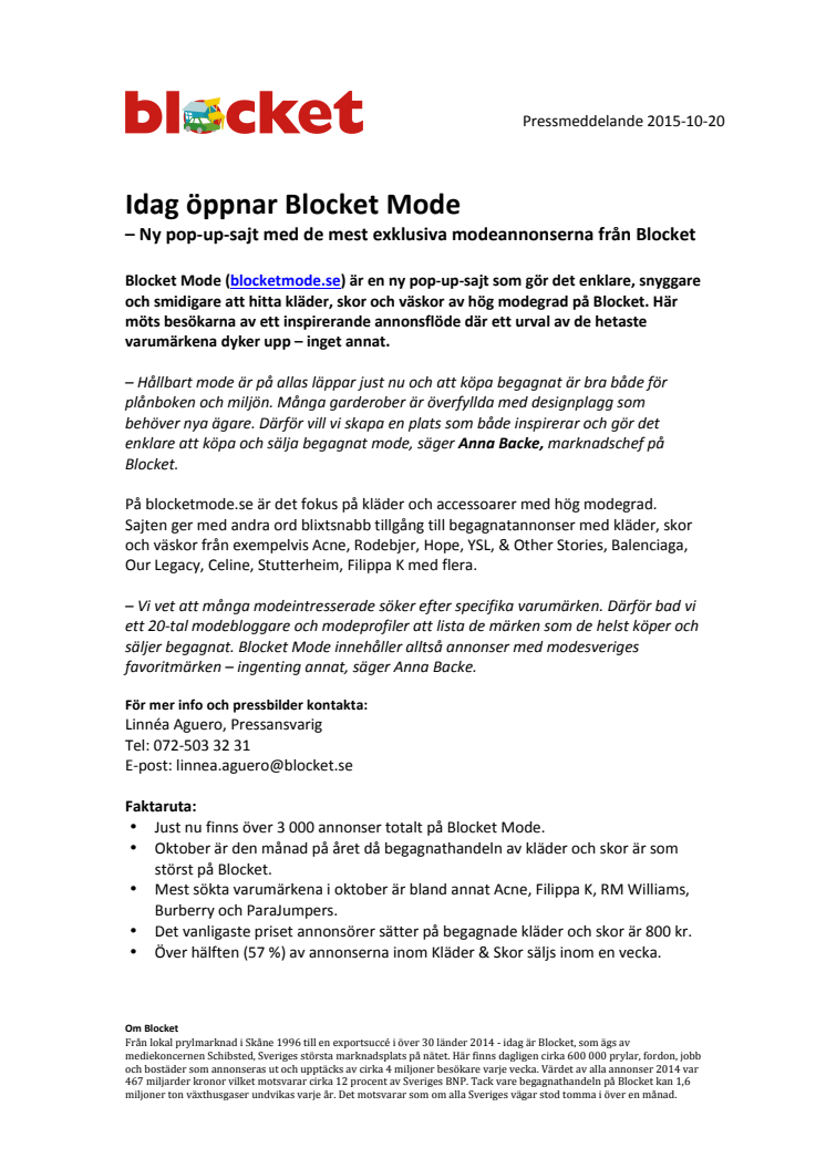 ​Idag öppnar Blocket Mode - Ny pop-up-sajt med de mest exklusiva modeannonserna från Blocket