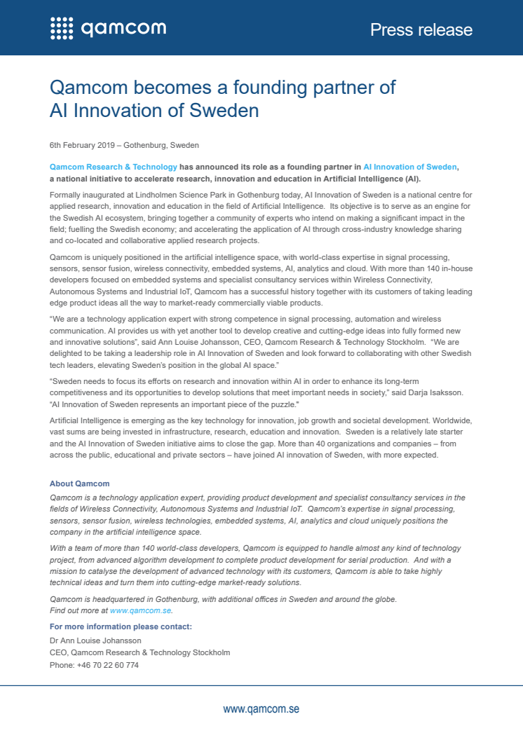 Qamcom becomes a founding partner of AI Innovation of Sweden