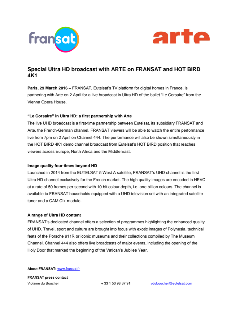 Special Ultra HD broadcast with ARTE on FRANSAT and HOT BIRD 4K1 