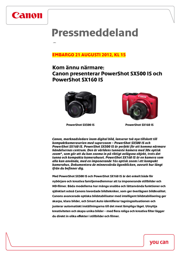 Kom ännu närmare:  Canon presenterar PowerShot SX500 IS och PowerShot SX160 IS  